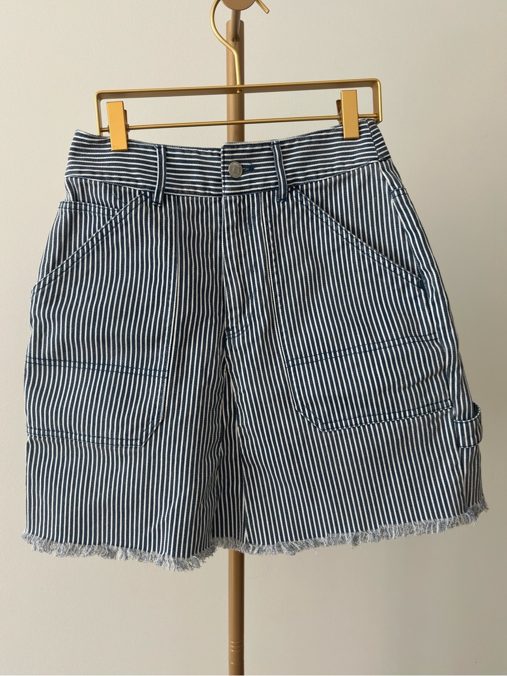 Twik Striped Denim Mini Skirt Size 27 Blue White Frayed Hem